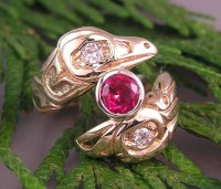 Custom 14kt yellow Lovebirds Ring with Ruby