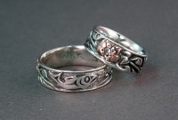 View of the Salmon and Cherry Blossoms on Sterling and Rose Gold Rings
