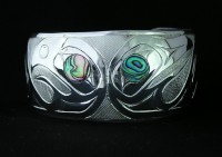 Photo of Hand Carved Sterling Silver Lovebirds Bracelet D#3 with Abalone Inlaid Eyes by Owen Walker